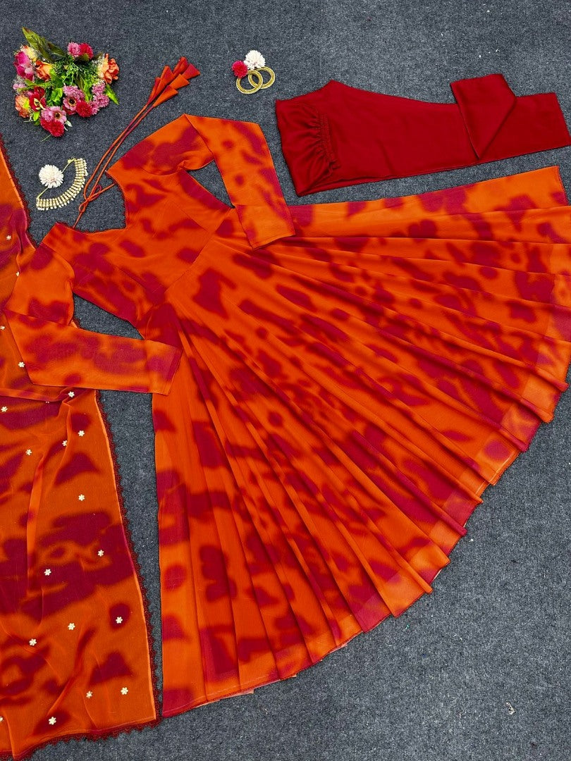 Orange georgette printed anarkali suit