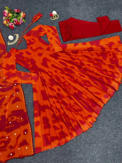 Orange georgette printed anarkali suit