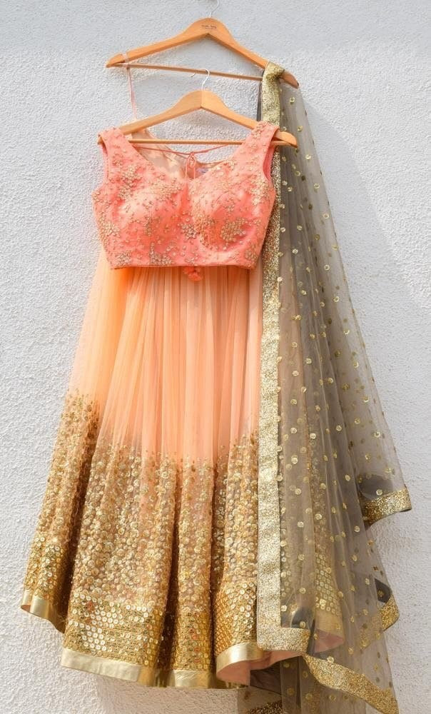 orange georgette silk embroidered ceremonial lehenga