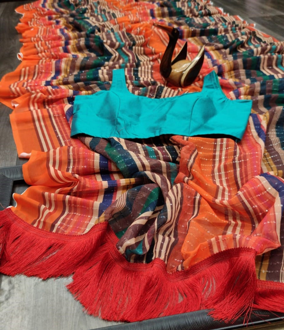 Orange heavy georgette sequence work saree
