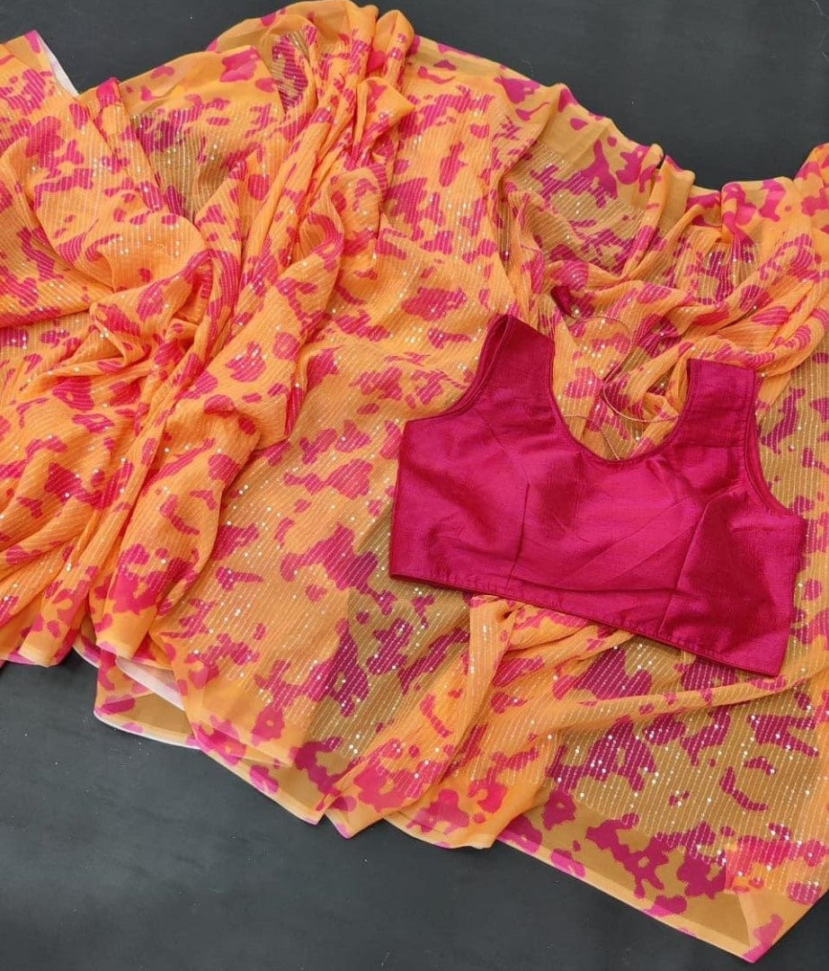 Orange heavy moss georgette sequence printed saree
