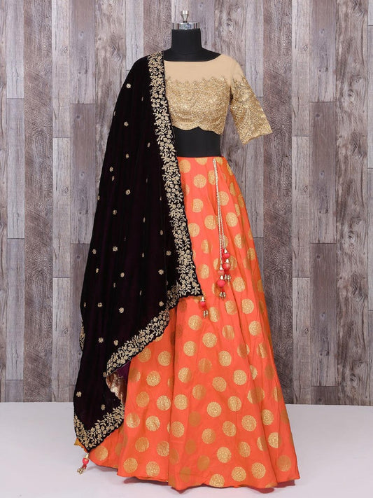 orange jacquard two tone silk embroidered festival wear lehenga