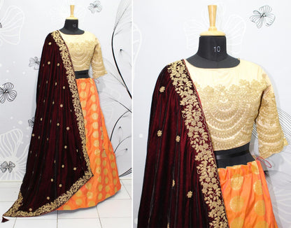 orange jacquard two tone silk embroidered festival wear lehenga