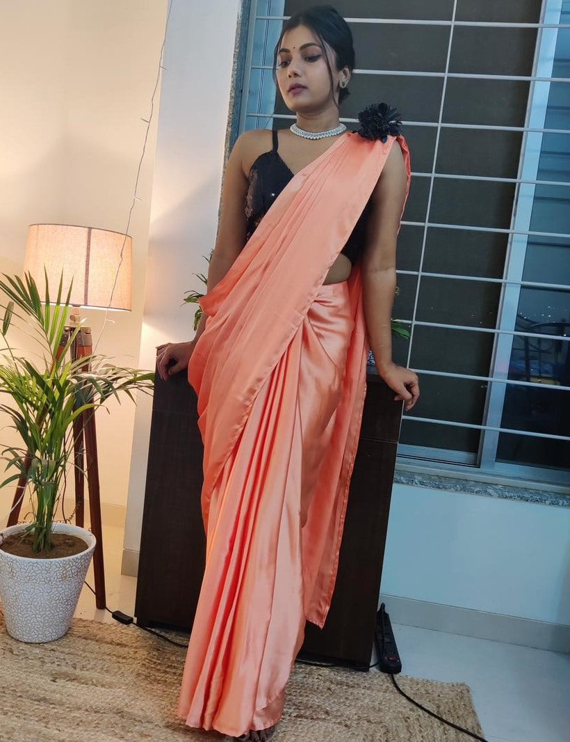 Orange japan satin ready to wear plain partywear saree