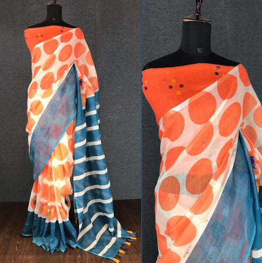 Orange linen digital print cotton tussles work saree