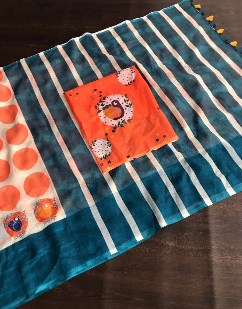 Orange linen digital print cotton tussles work saree