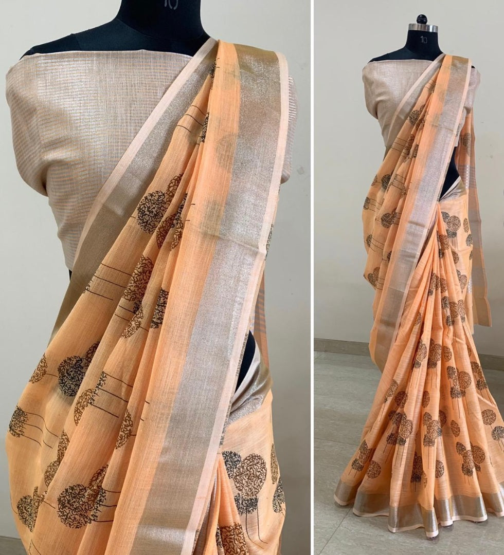 Orange linen digital printed work party wear saree