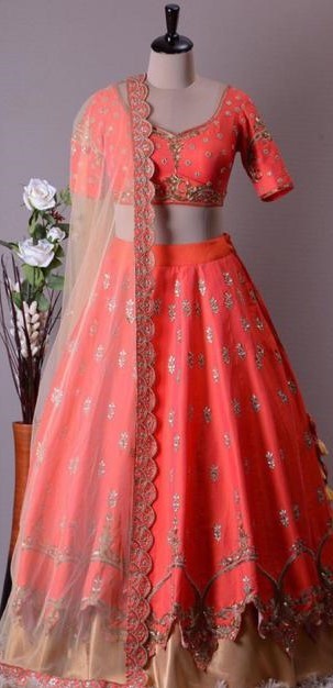 Orange malai satin heavy embroidered ceremonial lehenga choli