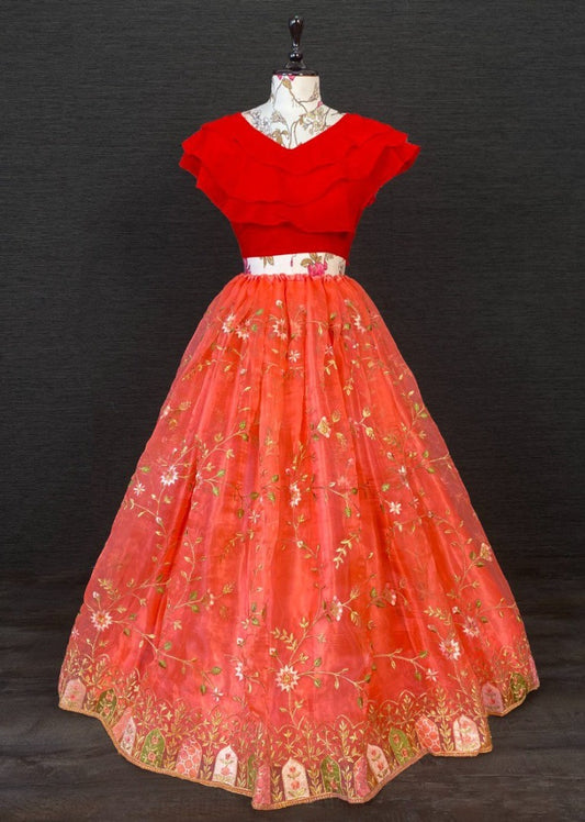 Orange organza heavy embroidered crop top lehenga