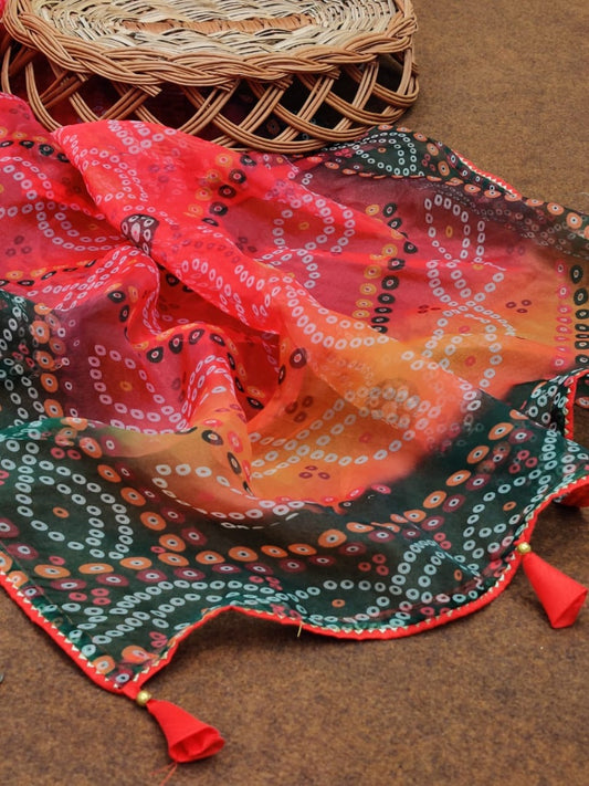 Orange organza silk bandhani printed work saree