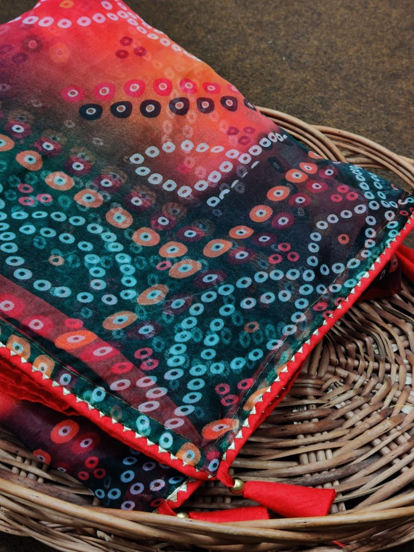 Orange organza silk bandhani printed work saree