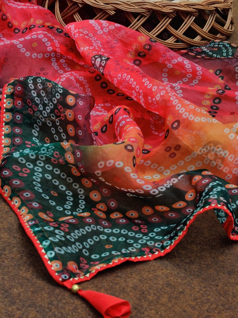 Orange organza silk bandhani printed work saree