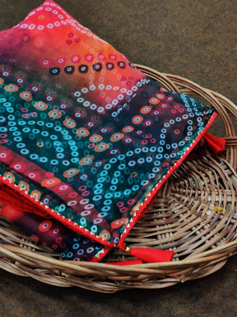 Orange organza silk bandhani printed work saree