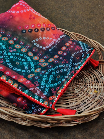 Orange organza silk bandhani printed work saree