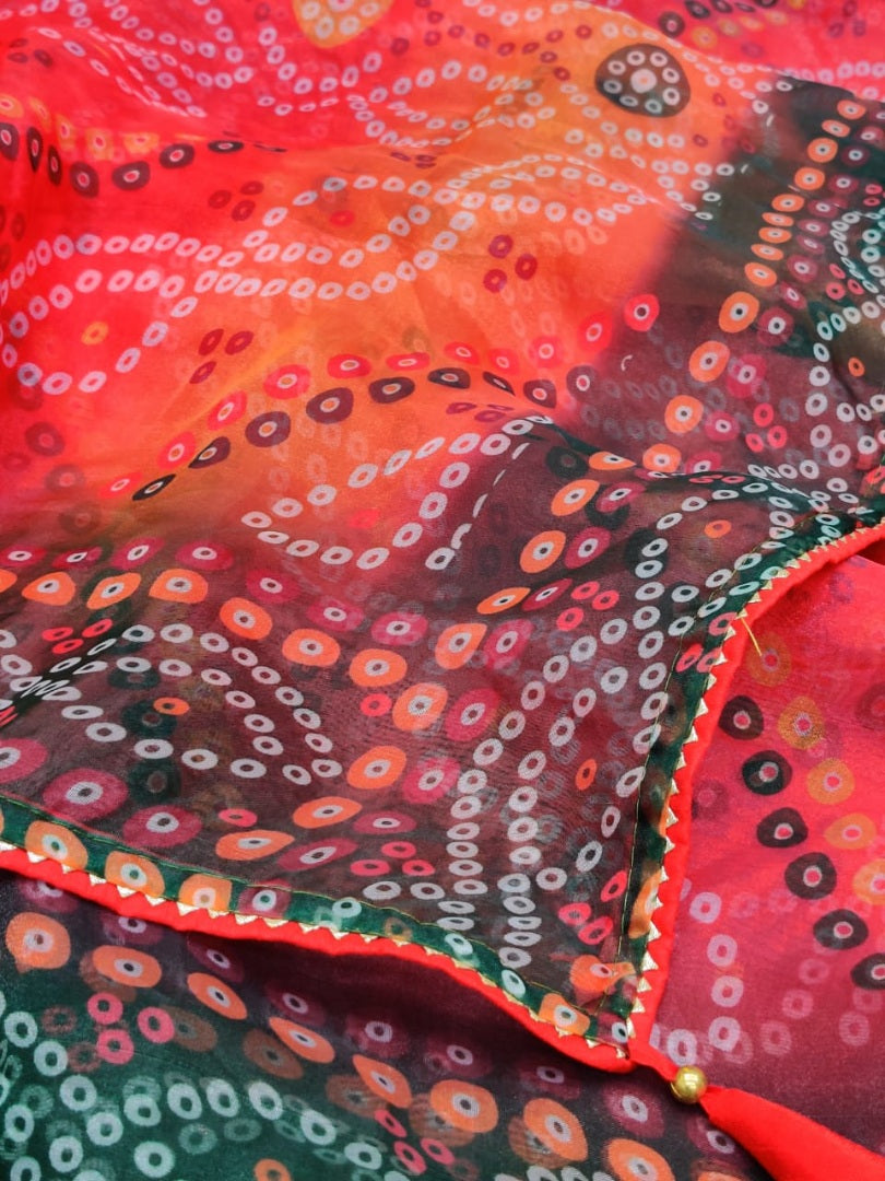 Orange organza silk bandhani printed work saree