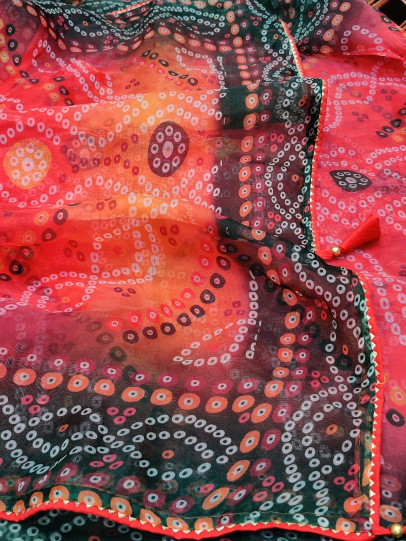 Orange organza silk bandhani printed work saree