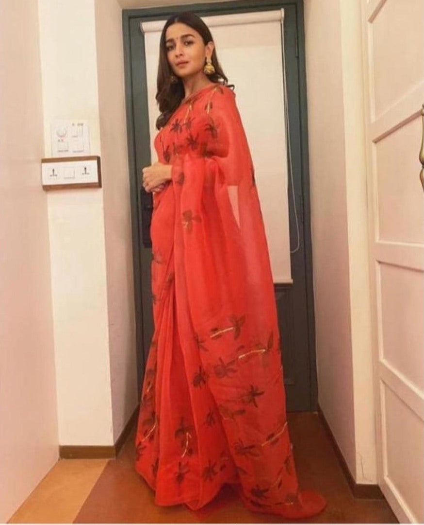 Orange organza silk digital printed saree