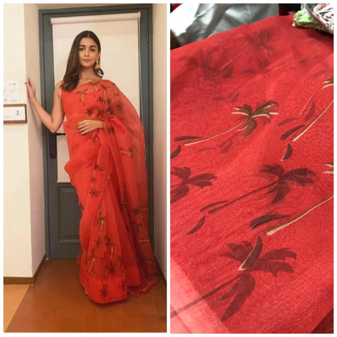 Orange organza silk digital printed saree