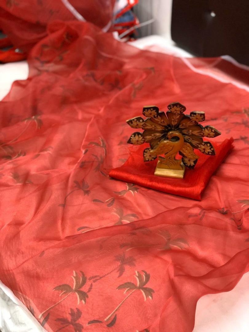 Orange organza silk digital printed saree