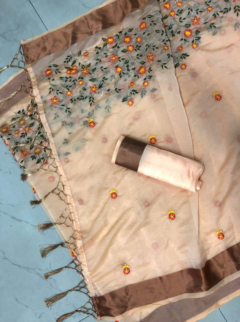 orange orgenja silk embroidered saree