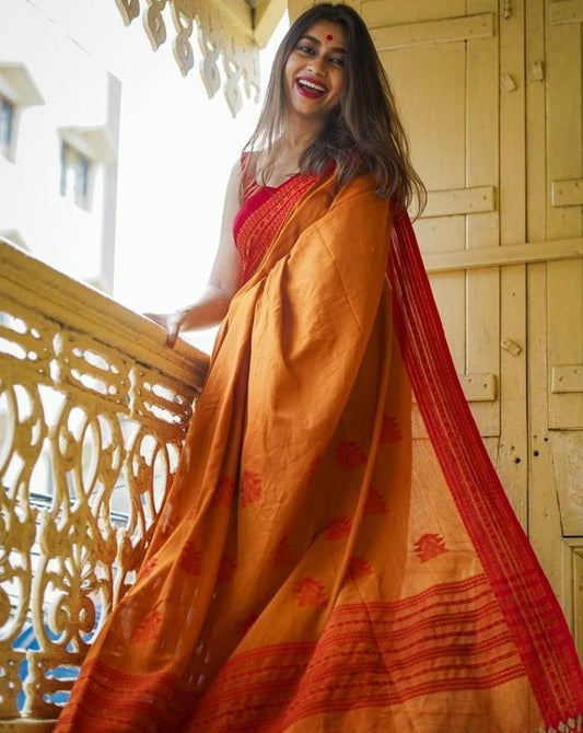 Orange original chanderi linen digital printed work saree