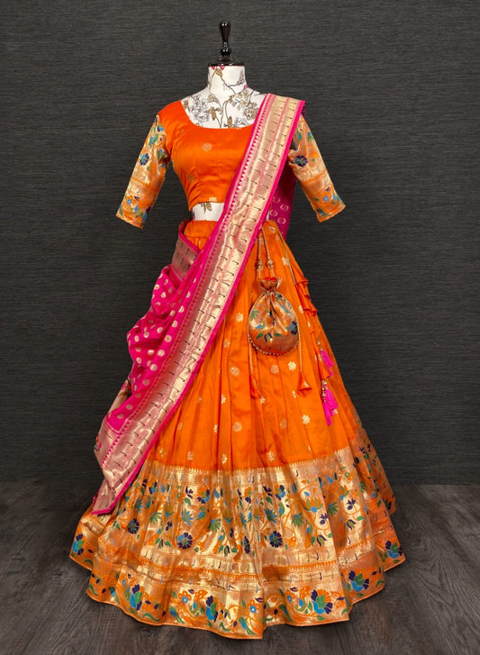 Orange paithani jacquard weaving work wedding lehenga choli with purse