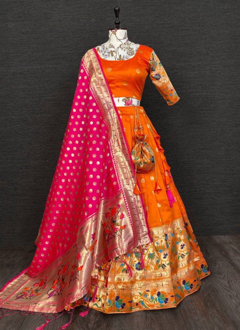 Orange paithani jacquard weaving work wedding lehenga choli with purse