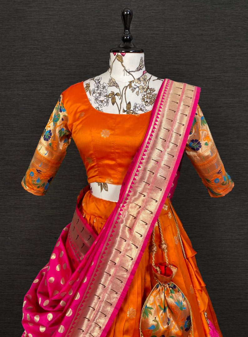 Orange paithani jacquard weaving work wedding lehenga choli with purse