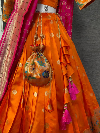 Orange paithani jacquard weaving work wedding lehenga choli with purse