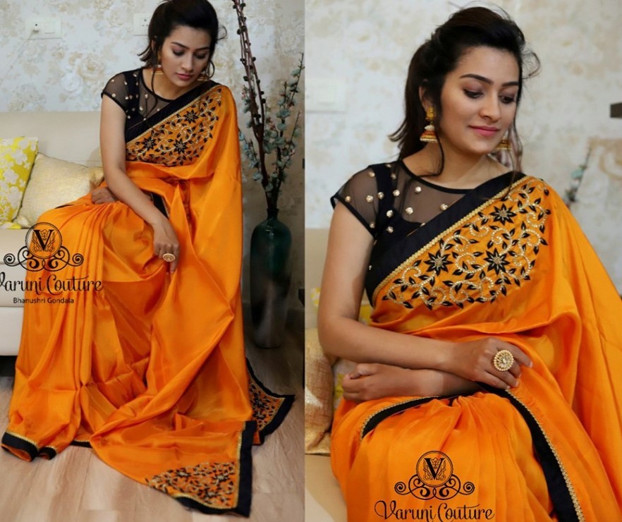 orange paper silk beautiful embroidered partywear saree