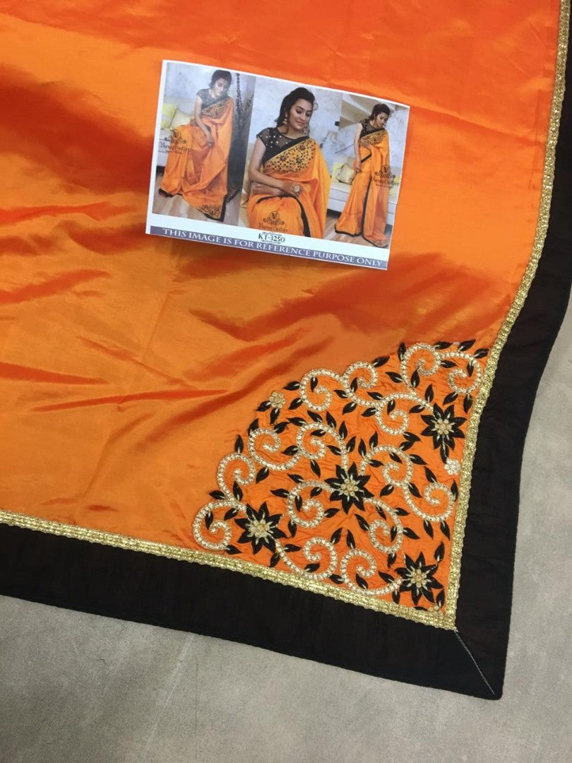 orange paper silk beautiful embroidered partywear saree