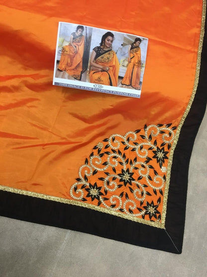 orange paper silk beautiful embroidered partywear saree