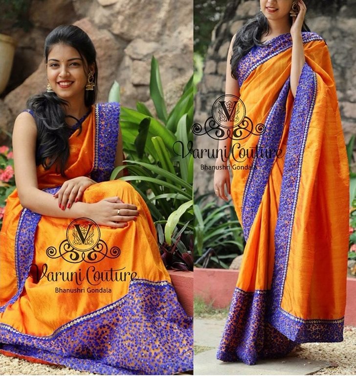 Orange paper silk embroidered festival wear saree