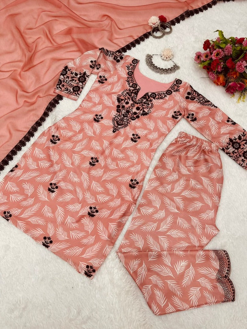 Orange print thread work pant salwar suit