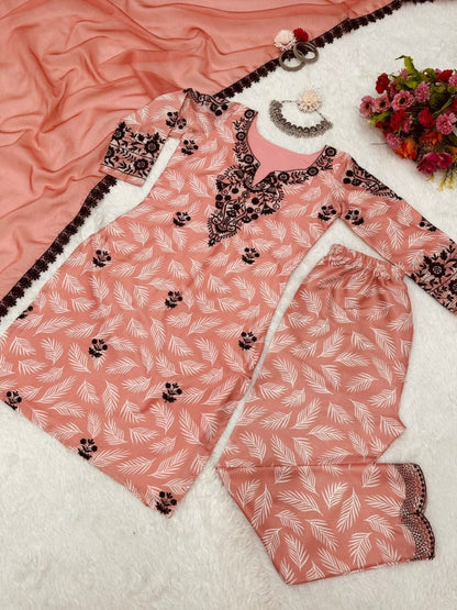 Orange print thread work pant salwar suit