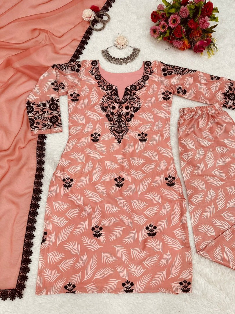 Orange print thread work pant salwar suit