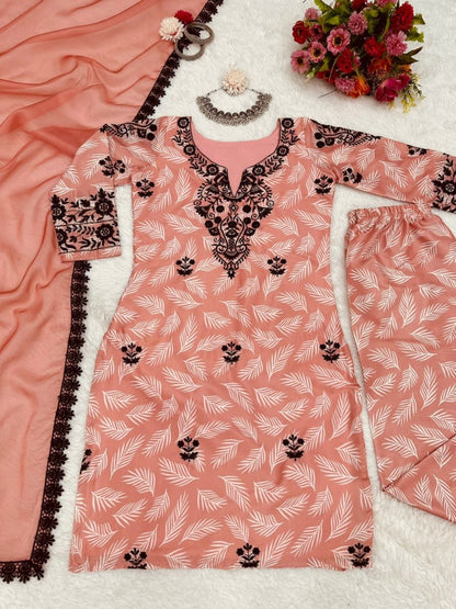 Orange print thread work pant salwar suit