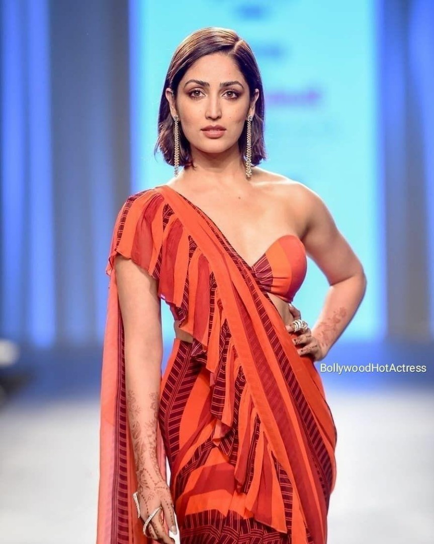 orange pure georgette printed bollywood style ruffle saree