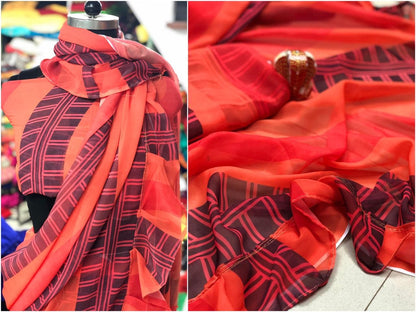 orange pure georgette printed bollywood style ruffle saree