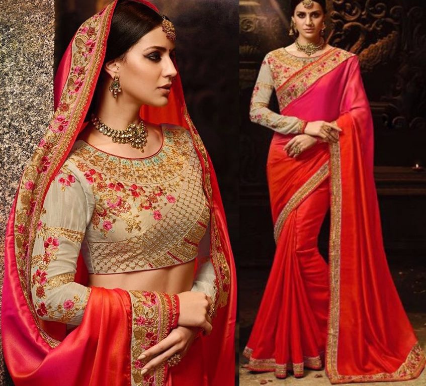 orange rangoli georgette silk embroidered wedding saree