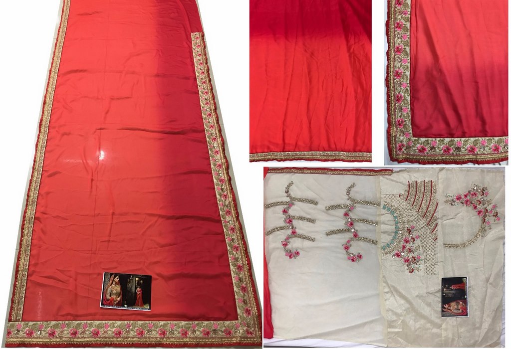 orange rangoli georgette silk embroidered wedding saree