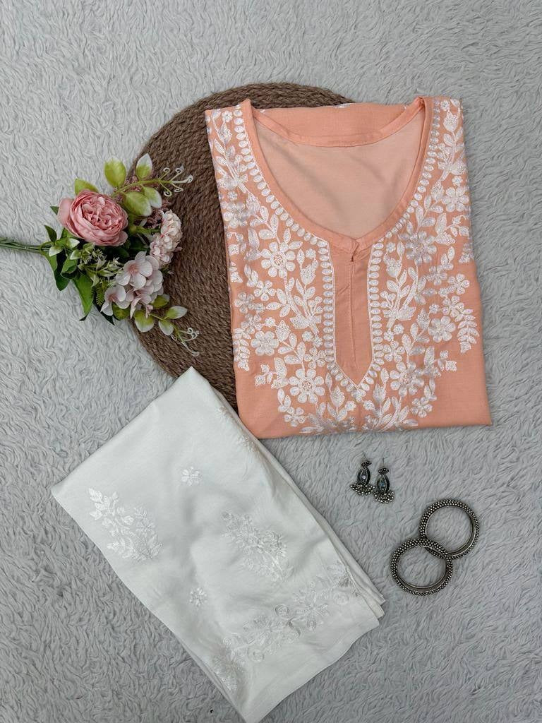 Orange rayon chikankari work summer kurti