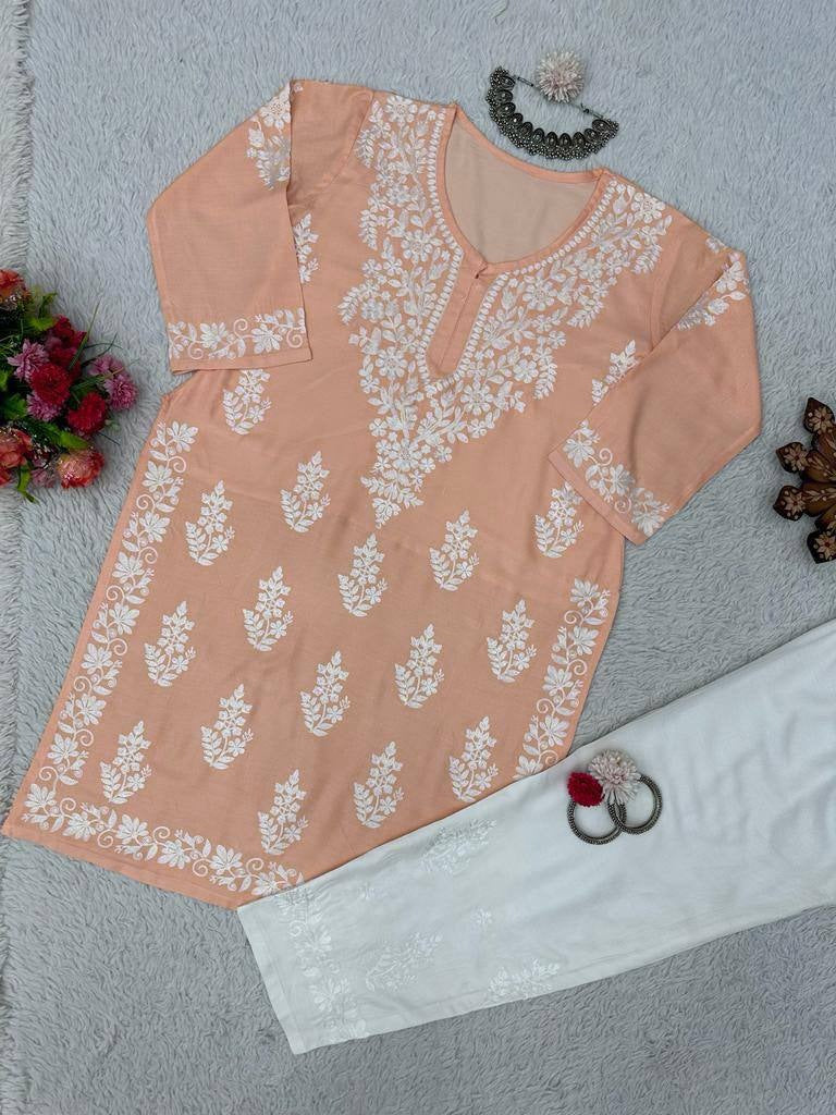 Orange rayon chikankari work summer kurti