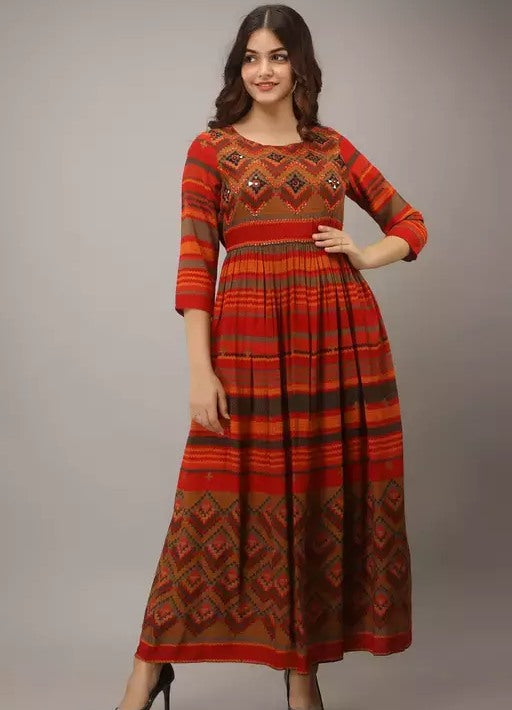 Orange rayon printed long kurti
