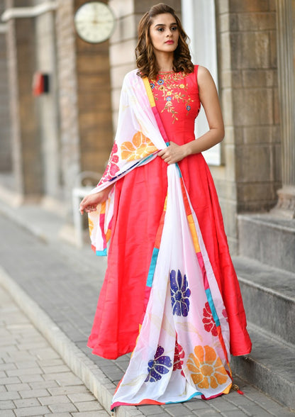 orange silk beautiful handworked gown with printed dupatta