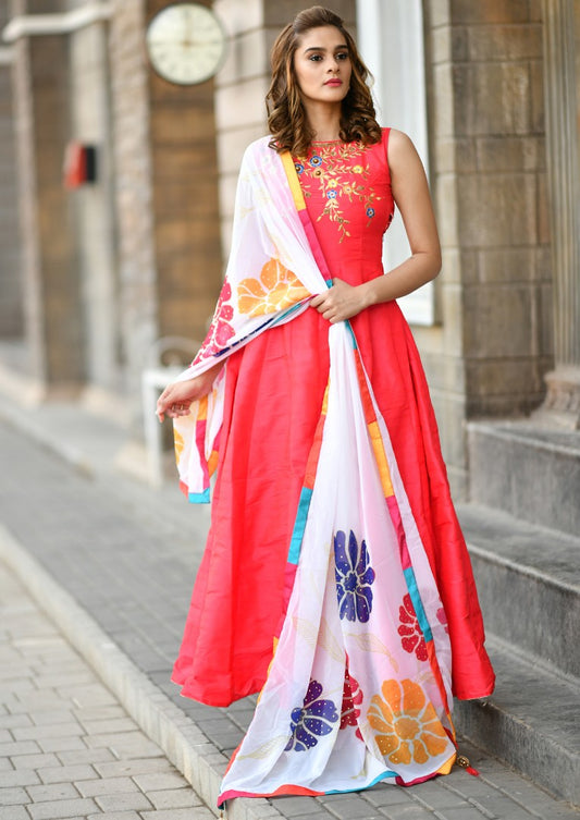 orange silk beautiful handworked gown with printed dupatta