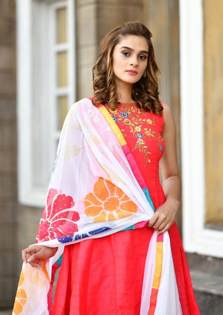 orange silk beautiful handworked gown with printed dupatta