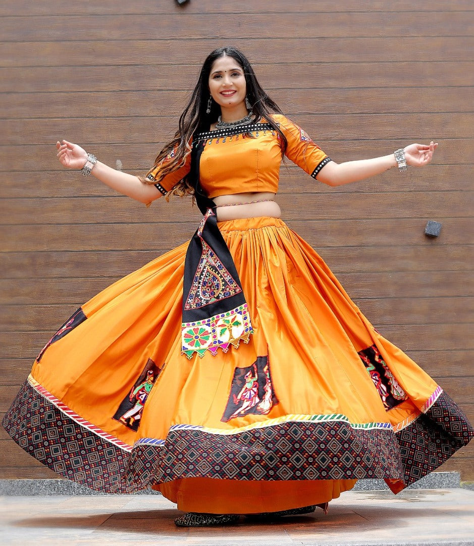 Orange silk thread and patch work navratri festival gujarati garba chaniya choli