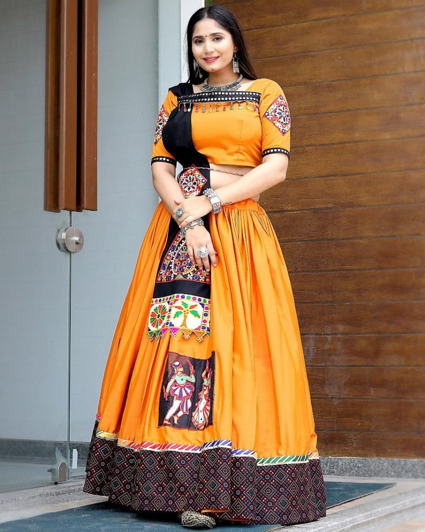 Orange silk thread and patch work navratri festival gujarati garba chaniya choli