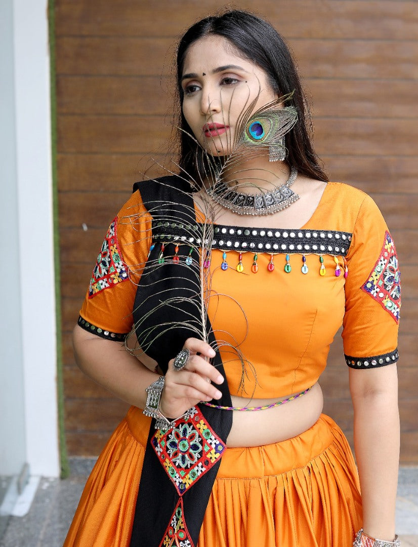 Orange silk thread and patch work navratri festival gujarati garba chaniya choli